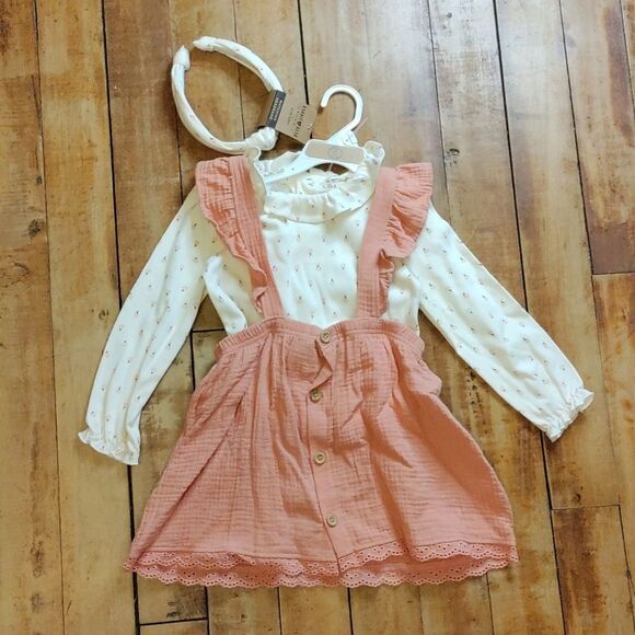 Rabbit Bear outfit 3T pink long sleeve skirt spring boho neutral cotton floral - Picture 1 of 12
